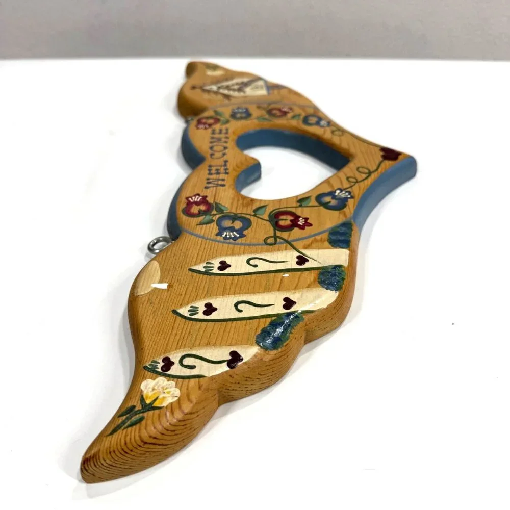Vintage Hanging Welcome Sign Heart Painted Folk Art Floral Mexico Handcrafted